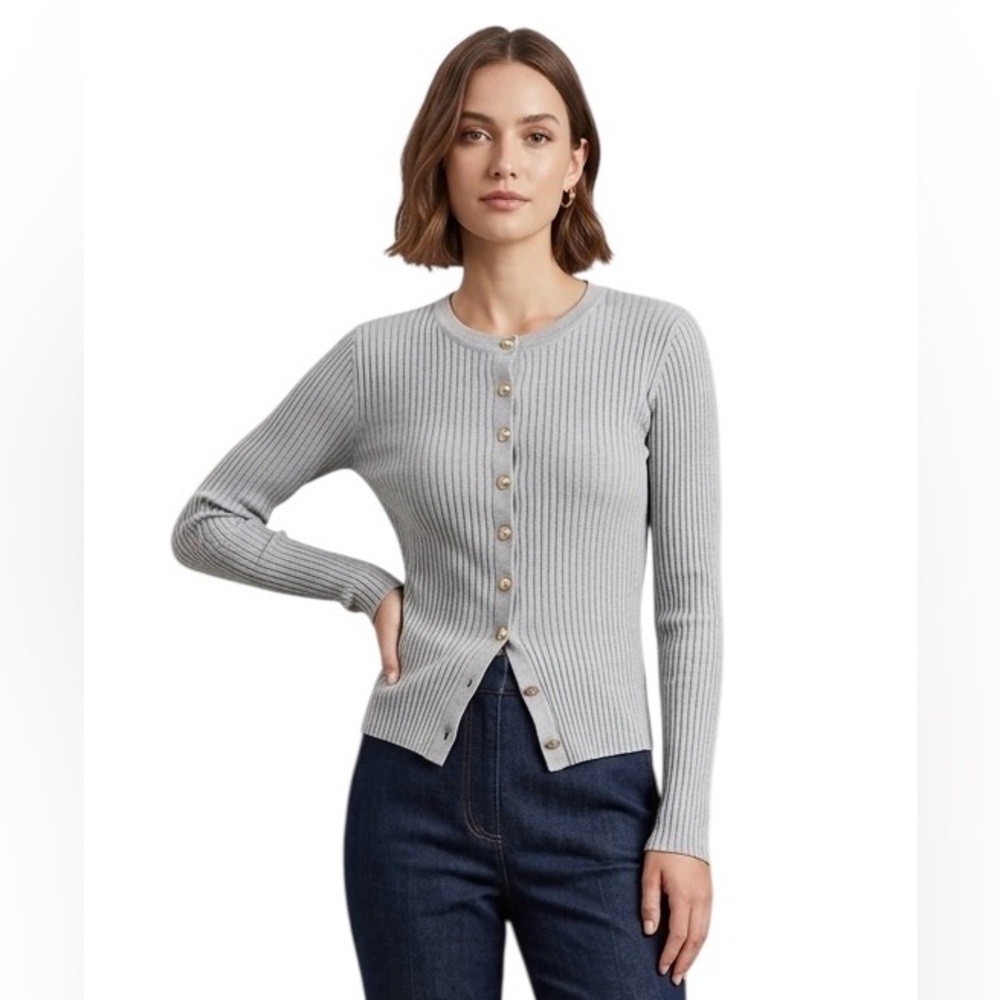 Emerson Lang Y2K Style Gold Button Down Ribbed Knit Cardigan Gray Size Medium